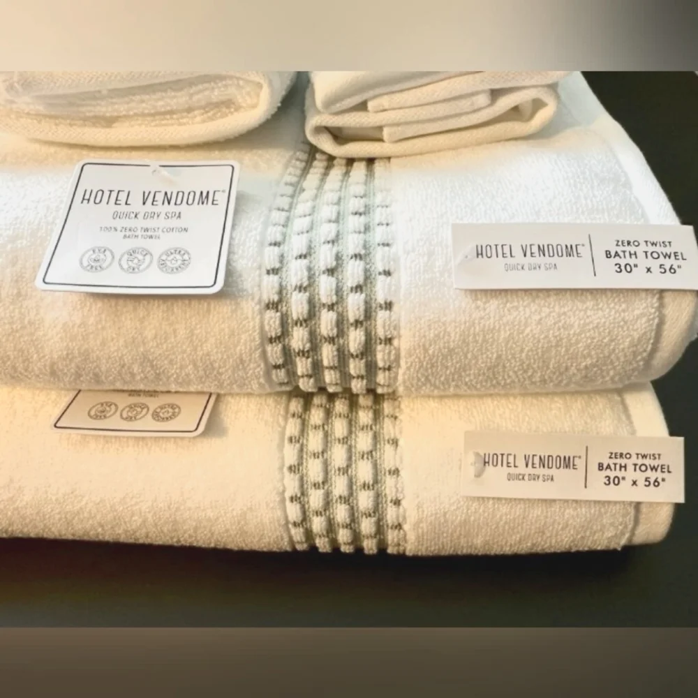 6pc HOTEL VENDOME Quick Dry Spa 100% Zero Twist Cotton Bath Towel Set -Wht/Green